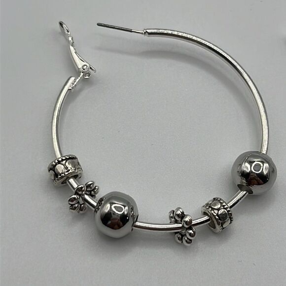 Silver-tone Shiny 6 Beads 2” Hoop Earrings - Picture 9 of 13